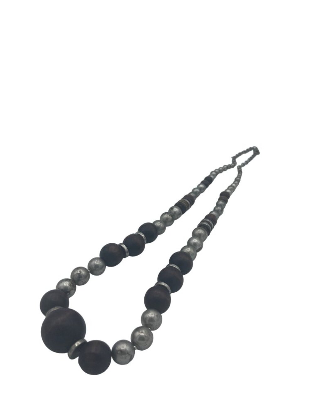 Chunky  Wood & Silver Tone Beaded Necklace 18 Inches Lobster Clasp